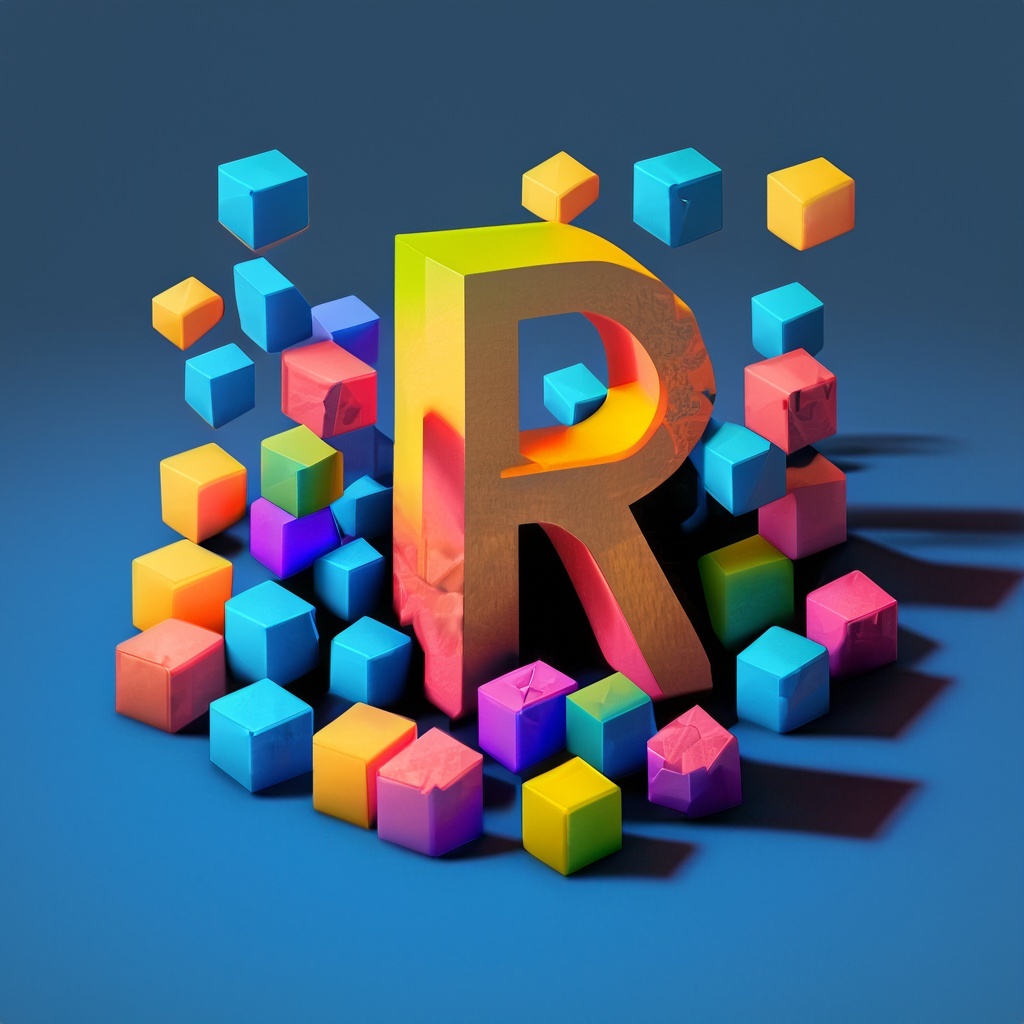 Firefly: A pile of small colorful cubes, with the letter R emerging made of cubes, dark blue background